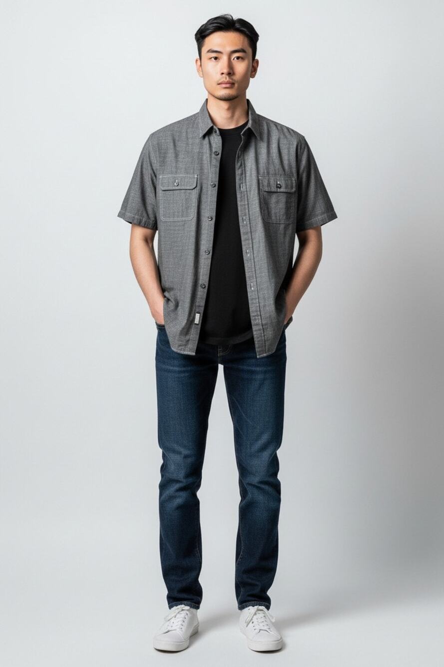 James Campbell Casual Button-Down Shirt Men's Size Large Chambray Short Sleeves